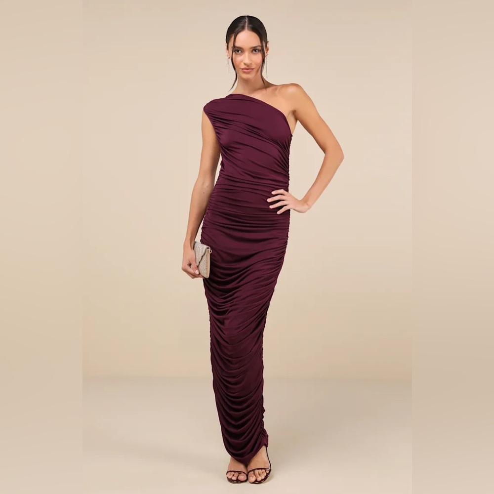 NWT Lulus Effortless Magnetism Dark Plum Ruched One-Shoulder Maxi Dress